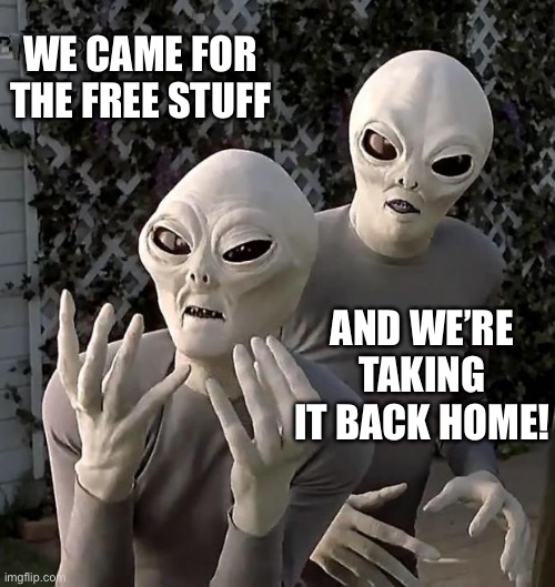 Aliens | WE CAME FOR THE FREE STUFF; AND WE’RE TAKING IT BACK HOME! | image tagged in aliens | made w/ Imgflip meme maker