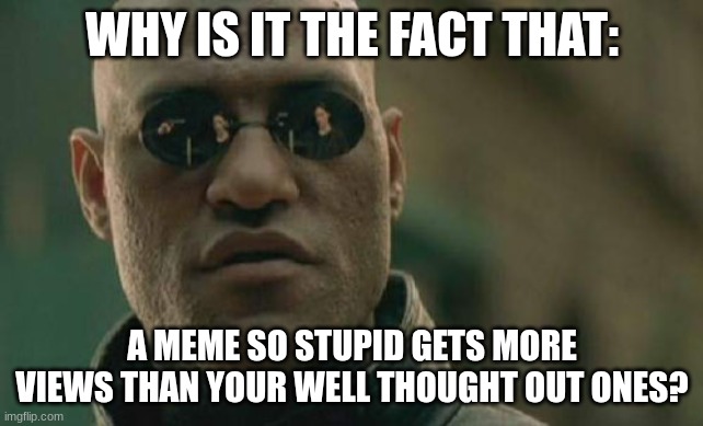 Matrix Morpheus | WHY IS IT THE FACT THAT:; A MEME SO STUPID GETS MORE VIEWS THAN YOUR WELL THOUGHT OUT ONES? | image tagged in memes,matrix morpheus | made w/ Imgflip meme maker