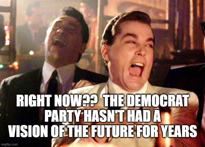 Good Fellas Hilarious Meme | RIGHT NOW??  THE DEMOCRAT PARTY HASN'T HAD A VISION OF THE FUTURE FOR YEARS | image tagged in memes,good fellas hilarious | made w/ Imgflip meme maker