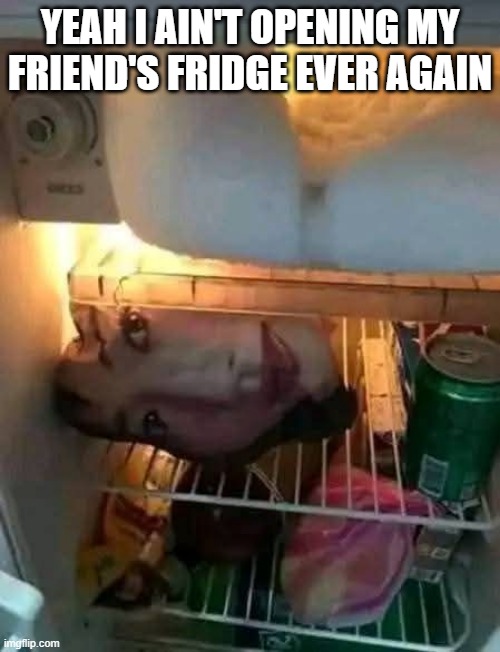 Fridge Surprise | YEAH I AIN'T OPENING MY FRIEND'S FRIDGE EVER AGAIN | image tagged in cursed image | made w/ Imgflip meme maker
