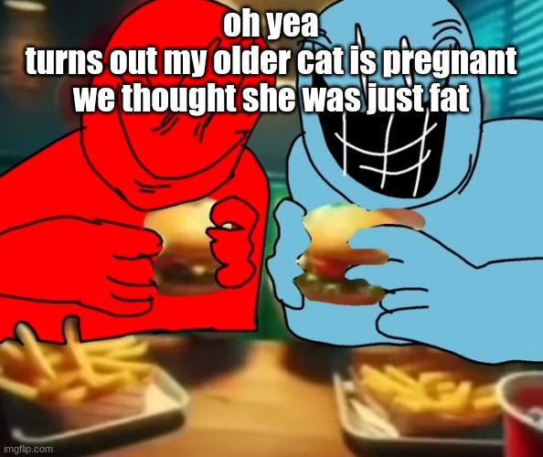 i like my burger drippy | oh yea
turns out my older cat is pregnant
we thought she was just fat | image tagged in i like my burger drippy | made w/ Imgflip meme maker