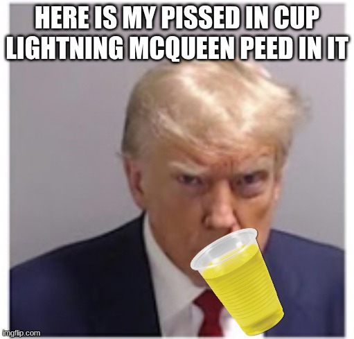 PISSED IN CUP | HERE IS MY PISSED IN CUP LIGHTNING MCQUEEN PEED IN IT | image tagged in donald trump | made w/ Imgflip meme maker