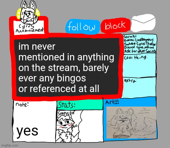 CyrusTheFox announcement template | im never mentioned in anything on the stream, barely ever any bingos or referenced at all; yes | image tagged in cyrusthefox announcement template | made w/ Imgflip meme maker