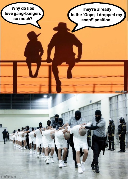 Mystery solved | They're already
in the "Oops, I dropped my
soap!" position. Why do libs
love gang-bangers
so much? | image tagged in memes,democrats,illegal immigrants,migrants,crime,soap | made w/ Imgflip meme maker
