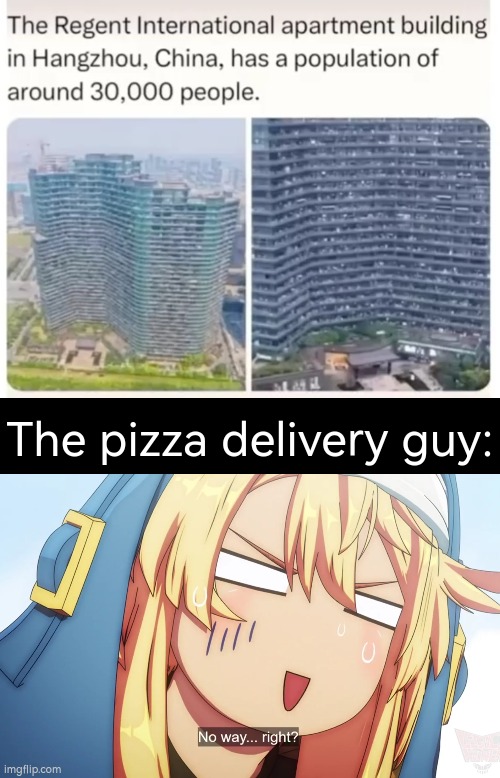 Two words; Good. luck. | The pizza delivery guy: | image tagged in pizza delivery man,building | made w/ Imgflip meme maker