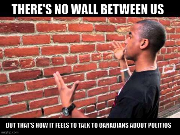 canadian politics | THERE'S NO WALL BETWEEN US; BUT THAT'S HOW IT FEELS TO TALK TO CANADIANS ABOUT POLITICS | image tagged in brick wall guy,cringe,america vs canada | made w/ Imgflip meme maker