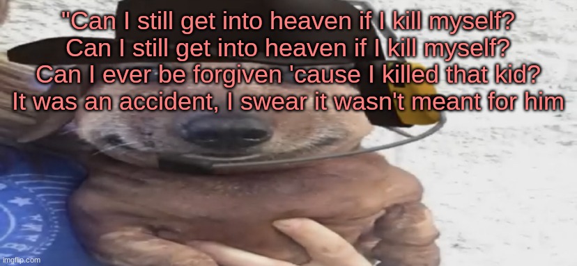 chucklenuts | "Can I still get into heaven if I kill myself?
Can I still get into heaven if I kill myself?
Can I ever be forgiven 'cause I killed that kid?
It was an accident, I swear it wasn't meant for him | image tagged in chucklenuts | made w/ Imgflip meme maker