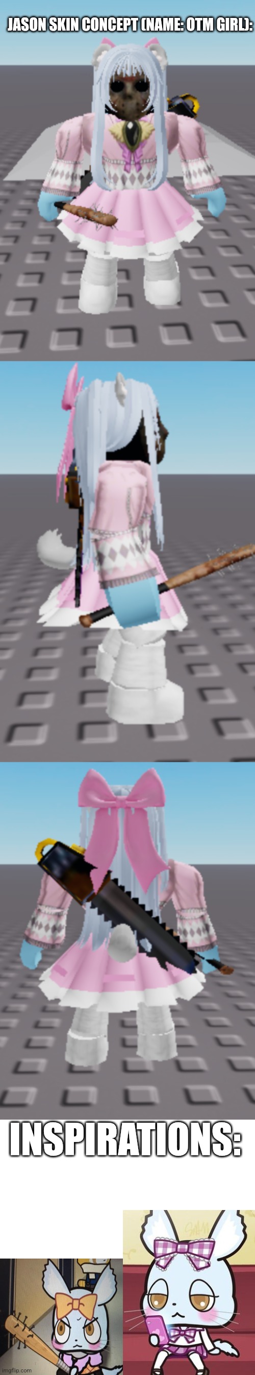 I made this on catalog avatar creator | JASON SKIN CONCEPT (NAME: OTM GIRL):; INSPIRATIONS: | image tagged in memes,blank transparent square,skin concept,jason,forsaken,roblox | made w/ Imgflip meme maker