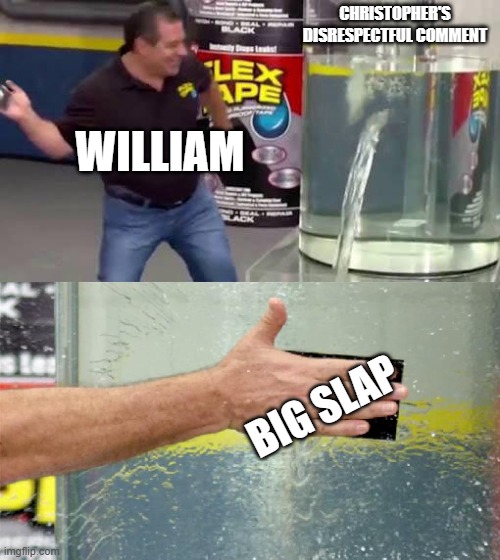 big slap | CHRISTOPHER'S DISRESPECTFUL COMMENT; WILLIAM; BIG SLAP | image tagged in flex tape,will smith,will smith slap | made w/ Imgflip meme maker