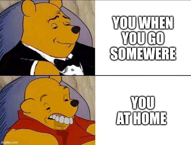 Tuxedo Winnie the Pooh grossed reverse | YOU WHEN YOU GO SOMEWERE; YOU AT HOME | image tagged in tuxedo winnie the pooh grossed reverse | made w/ Imgflip meme maker