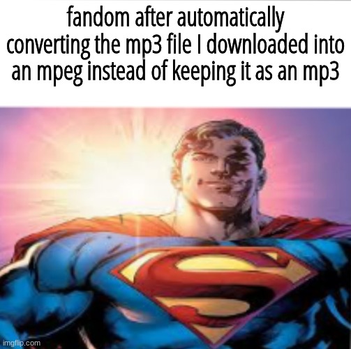 Superman starman meme | fandom after automatically converting the mp3 file I downloaded into an mpeg instead of keeping it as an mp3 | image tagged in superman starman meme | made w/ Imgflip meme maker