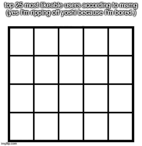 enter in comments, provide an image | top 25 most likeable users according to msmg
(yes I'm ripping off yoshi because I'm bored.) | made w/ Imgflip meme maker