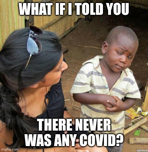 Think about it. No, no, no, no. ACTUALLY think about it. | WHAT IF I TOLD YOU; THERE NEVER WAS ANY COVID? | image tagged in black kid | made w/ Imgflip meme maker