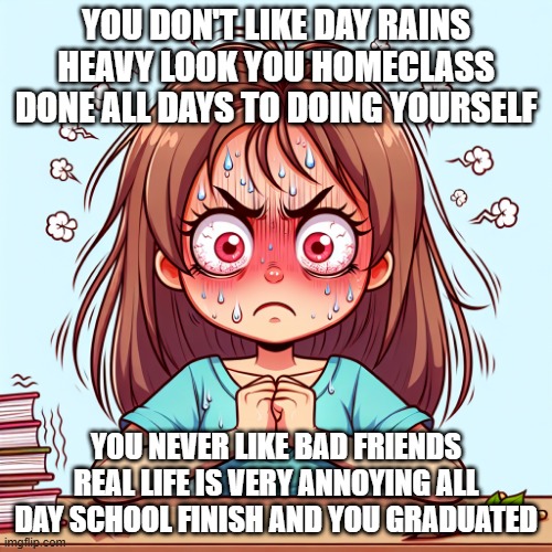 little girl cartoon angry to with homework | YOU DON'T LIKE DAY RAINS HEAVY LOOK YOU HOMECLASS DONE ALL DAYS TO DOING YOURSELF; YOU NEVER LIKE BAD FRIENDS REAL LIFE IS VERY ANNOYING ALL DAY SCHOOL FINISH AND YOU GRADUATED | image tagged in girl cartoon sort of stressed,friends,angry,little girl | made w/ Imgflip meme maker