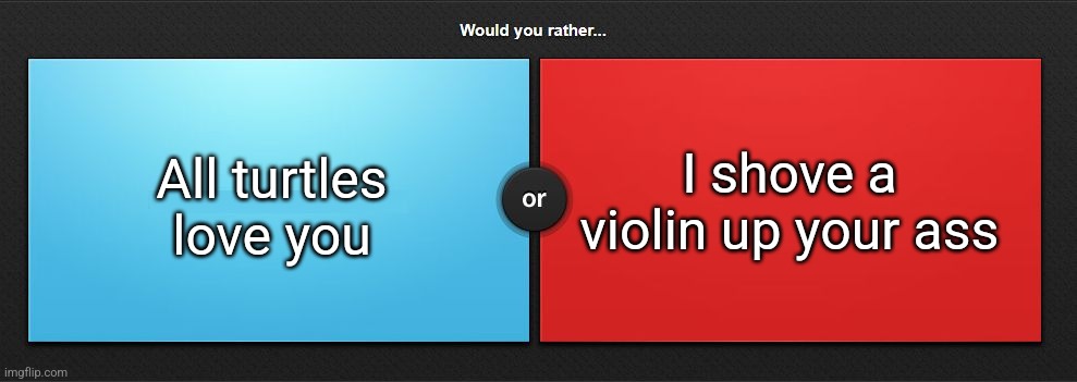 Would you rather | All turtles love you; I shove a violin up your ass | image tagged in would you rather | made w/ Imgflip meme maker