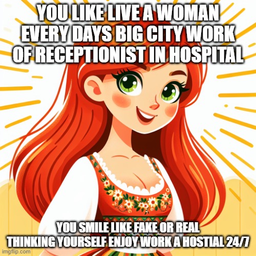 you work hospital all days in new york | YOU LIKE LIVE A WOMAN EVERY DAYS BIG CITY WORK OF RECEPTIONIST IN HOSPITAL; YOU SMILE LIKE FAKE OR REAL THINKING YOURSELF ENJOY WORK A HOSTIAL 24/7 | image tagged in traditional redhead young women cartoon covered sun dress,beautiful woman,smile | made w/ Imgflip meme maker