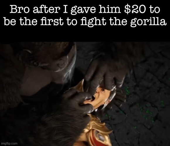 Bro after I gave him $20 to be the first to fight the gorilla | made w/ Imgflip meme maker