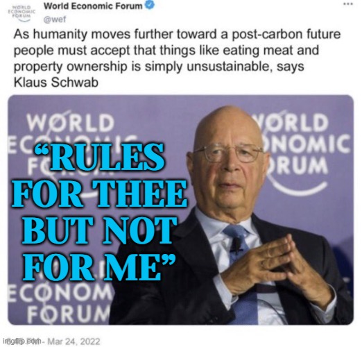 “Rules For Thee But Not For Me” | “RULES
FOR THEE
BUT NOT
FOR ME” | image tagged in klaus schwab you won't eat meat,evil government,nazis,scumbag europe,european union,big government | made w/ Imgflip meme maker