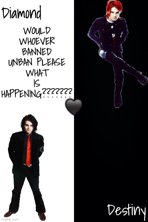 Diamond and Destiny shared announcement template <3 | WOULD WHOEVER BANNED UNBAN PLEASE WHAT IS HAPPENING??????? | image tagged in diamond and destiny shared announcement template 3 | made w/ Imgflip meme maker