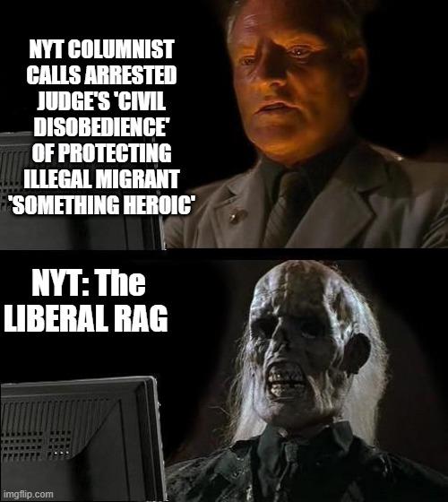 CYRSTAL the RINO | NYT COLUMNIST CALLS ARRESTED JUDGE'S 'CIVIL DISOBEDIENCE' OF PROTECTING ILLEGAL MIGRANT 'SOMETHING HEROIC'; NYT: The LIBERAL RAG | image tagged in memes,i'll just wait here | made w/ Imgflip meme maker