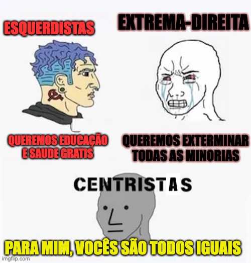 Esquerda x Extrema direita x centro | EXTREMA-DIREITA; ESQUERDISTAS; QUEREMOS EXTERMINAR TODAS AS MINORIAS; QUEREMOS EDUCAÇÃO E SAUDE GRATIS; PARA MIM, VOCÊS SÃO TODOS IGUAIS | image tagged in esquerda,direita,extrema direita,centro,centrista,brasil | made w/ Imgflip meme maker