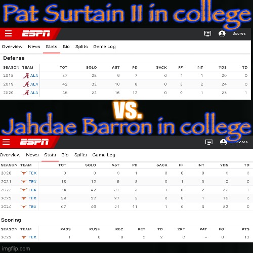 Surtain vs Barron | Pat Surtain II in college; vs. Jahdae Barron in college | image tagged in imgflip users | made w/ Imgflip meme maker