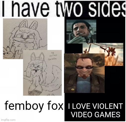 i have two sides | I LOVE VIOLENT VIDEO GAMES; femboy fox | image tagged in i have two sides | made w/ Imgflip meme maker
