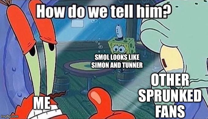 How should we tell him | OTHER SPRUNKED FANS; SMOL LOOKS LIKE SIMON AND TUNNER; ME | image tagged in how should we tell him | made w/ Imgflip meme maker