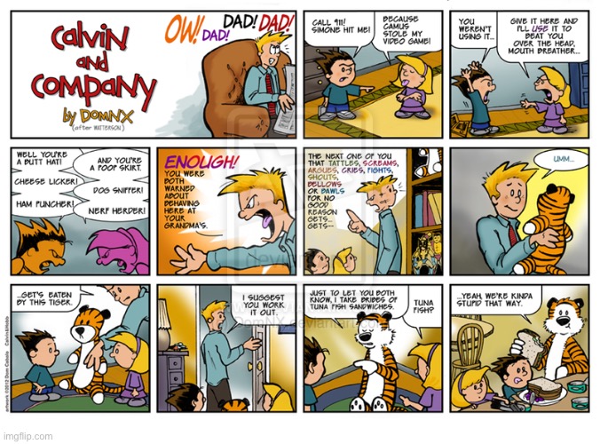 The twins meet Hobbes for the first time… | image tagged in comics,calvin and hobbes,calvin and company,tribute | made w/ Imgflip meme maker