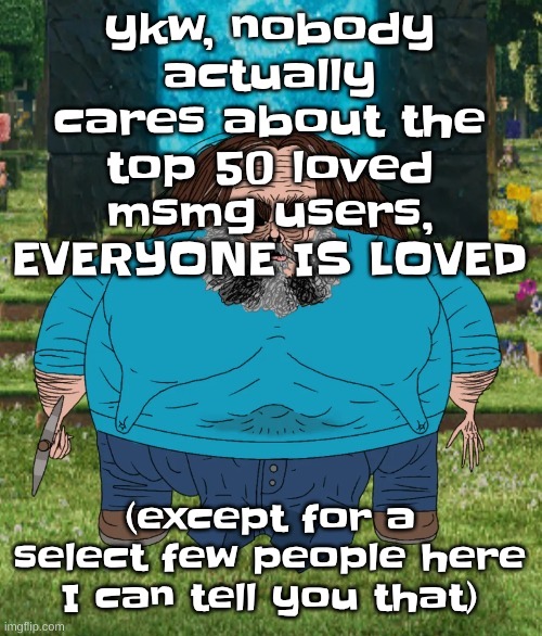 specifically a select few users I cannot mention because if I do one of them will call over their "friends" to harass me | ykw, nobody actually cares about the top 50 loved msmg users, EVERYONE IS LOVED; (except for a select few people here I can tell you that) | image tagged in i am steve | made w/ Imgflip meme maker