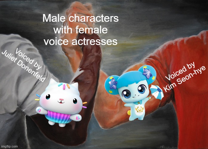 Epic Handshake Meme | Male characters with female voice actresses; Voiced by Juliet Donenfeld; Voiced by Kim Seon-hye | image tagged in memes,epic handshake | made w/ Imgflip meme maker