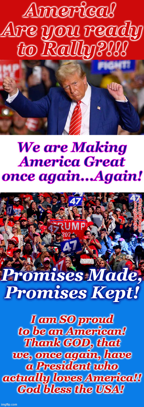 America, Are You Ready To Rally?! | America! 
Are you ready to Rally?!!! We are Making America Great once again...Again! @SongofGrace @OneJoyfulNoise; Promises Made, Promises Kept! I am SO proud
to be an American!
Thank GOD, that we, once again, have a President who actually loves America!!
God bless the USA! | image tagged in rally day maga | made w/ Imgflip meme maker