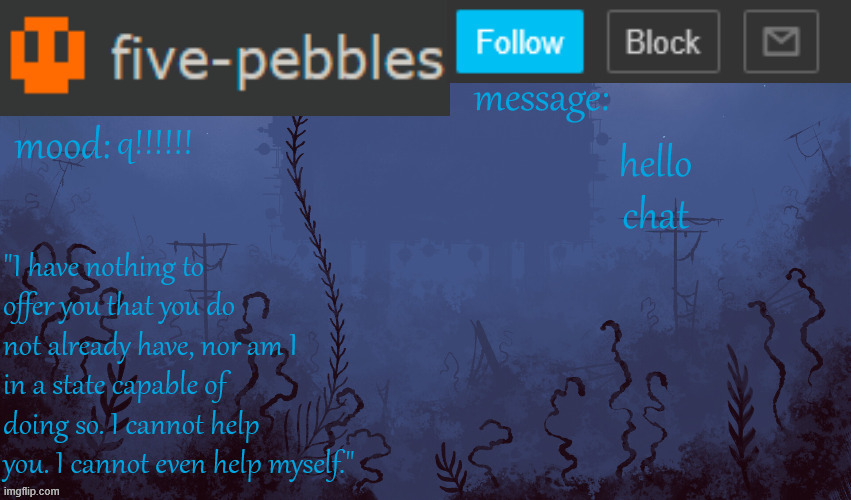 q!!!!! | q!!!!!! hello chat | image tagged in five-pebbles announcement temp | made w/ Imgflip meme maker