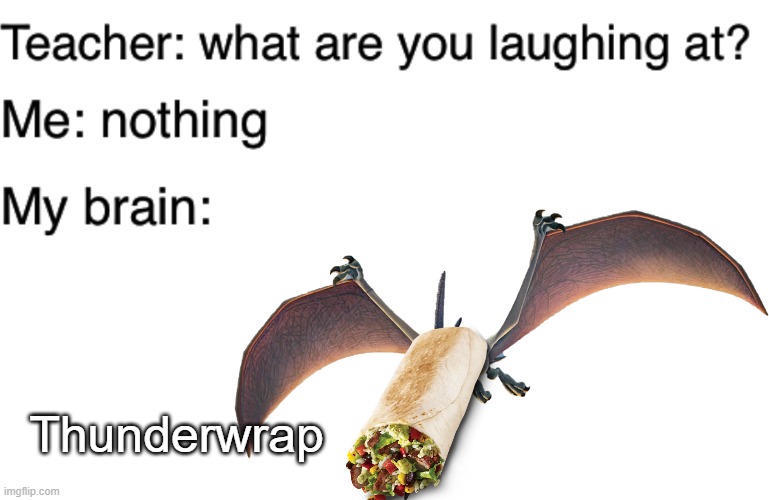 Thunder Wrap | Thunderwrap | image tagged in teacher what are you laughing at,pixar,dinosaur,burrito | made w/ Imgflip meme maker