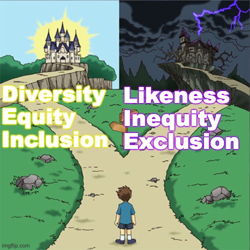 And if you take the right hand, the only music is polka | Diversity
Equity
Inclusion; Likeness
Inequity
Exclusion | image tagged in two paths,dei,diversity,choices,lies | made w/ Imgflip meme maker