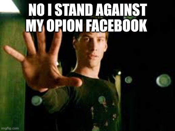 Neo catching bullets | NO I STAND AGAINST MY OPION FACEBOOK | image tagged in neo catching bullets | made w/ Imgflip meme maker