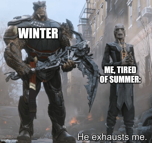 I'm tired of summer | WINTER; ME, TIRED OF SUMMER: | image tagged in he exhausts me infinity war meme,jpfan102504 | made w/ Imgflip meme maker