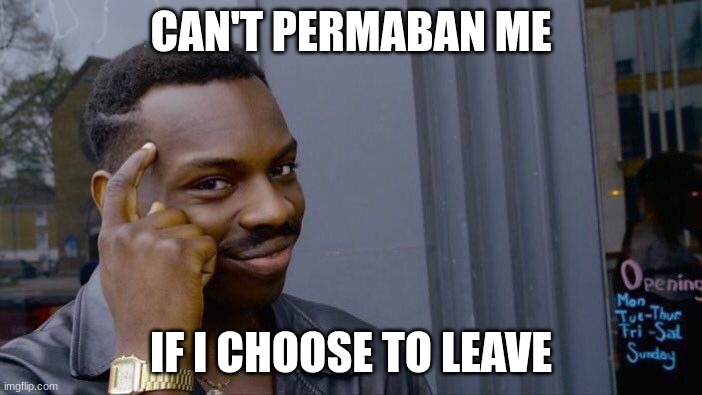 Roll Safe Think About It Meme | CAN'T PERMABAN ME; IF I CHOOSE TO LEAVE | image tagged in memes,roll safe think about it | made w/ Imgflip meme maker