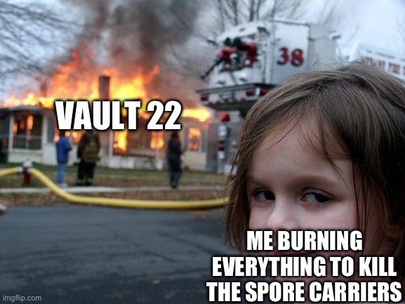 Disaster Girl | VAULT 22; ME BURNING EVERYTHING TO KILL THE SPORE CARRIERS | image tagged in memes,disaster girl,fallout new vegas | made w/ Imgflip meme maker