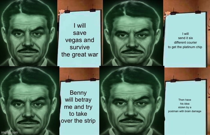 Gru's Plan | I will save vegas and survive the great war; I will send it six different courier to get the platinum chip; Then have his idea stolen by a postman with brain damage; Benny will betray me and try to take over the strip | image tagged in memes,gru's plan,fallout new vegas | made w/ Imgflip meme maker
