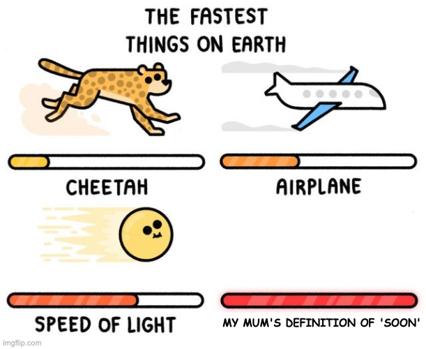 fastest thing possible | MY MUM'S DEFINITION OF 'SOON' | image tagged in fastest thing possible | made w/ Imgflip meme maker