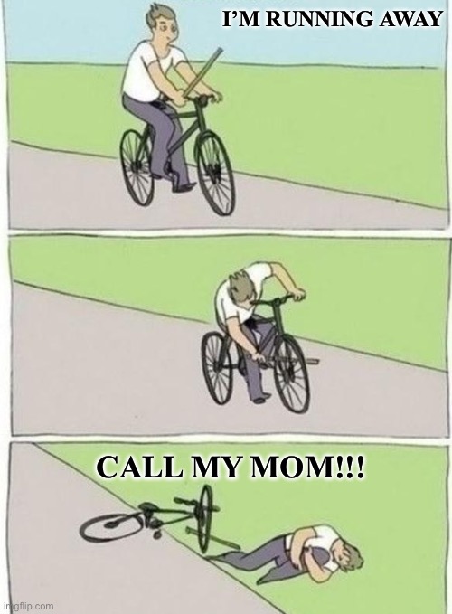 boy bike stick | I’M RUNNING AWAY; CALL MY MOM!!! | image tagged in boy bike stick | made w/ Imgflip meme maker