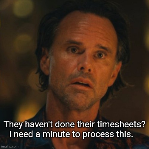 Walton Goggins confused timesheet reminder | They haven't done their timesheets?
I need a minute to process this. | image tagged in walton goggins confused | made w/ Imgflip meme maker