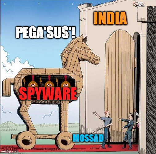 Trojan Horse | INDIA; PEGA'SUS'! SPYWARE; MOSSAD | image tagged in trojan horse | made w/ Imgflip meme maker