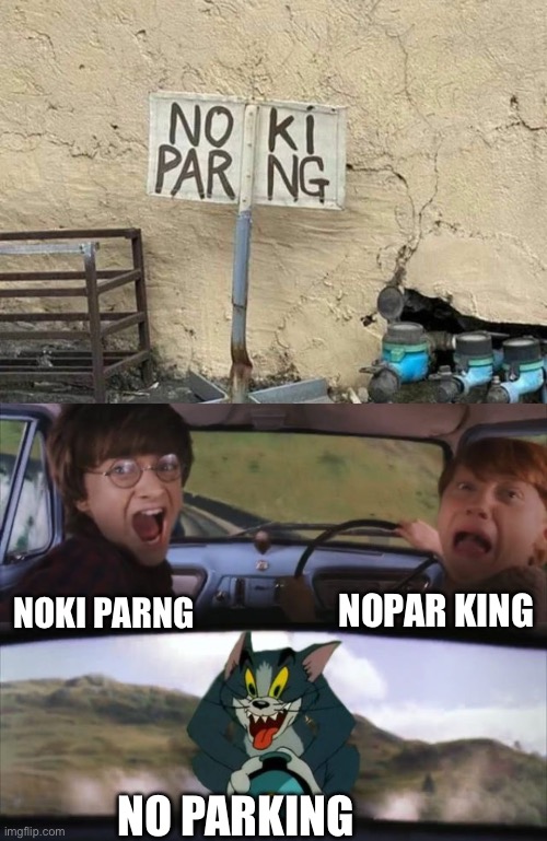 NOKI PARNG NOPAR KING NO PARKING | image tagged in tom chasing harry and ron weasly | made w/ Imgflip meme maker