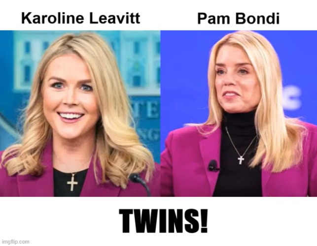 Twump Twins, Or, Double Bleach Blonde Barbies | image tagged in karoline leavitt,pam bondi,bleach blonde barbies,matching uniforms,i hate donald trump,i hate maga | made w/ Imgflip meme maker