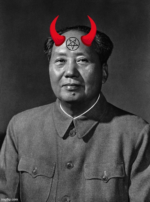 Mao Zedong with devil horns and pentagram | image tagged in mao zedong portrait black and white,devil,communism,ccp,mao zedong | made w/ Imgflip meme maker