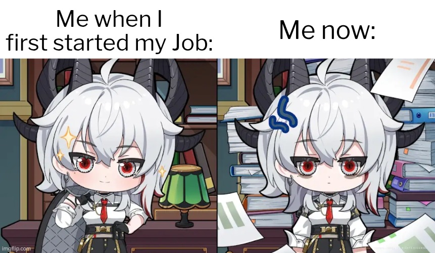 This is fine. This is *absolutely* fine. | Me now:; Me when I first started my Job: | image tagged in memes,job | made w/ Imgflip meme maker