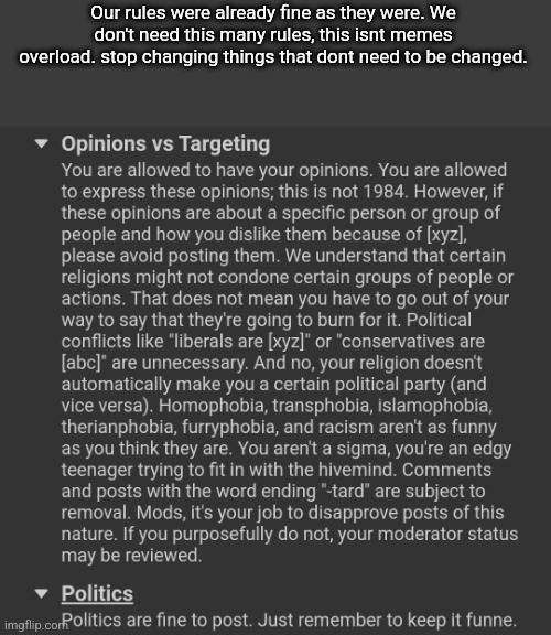 most of this is already in the TOS and doesnt need to be dictated | Our rules were already fine as they were. We don't need this many rules, this isnt memes overload. stop changing things that dont need to be changed. | made w/ Imgflip meme maker