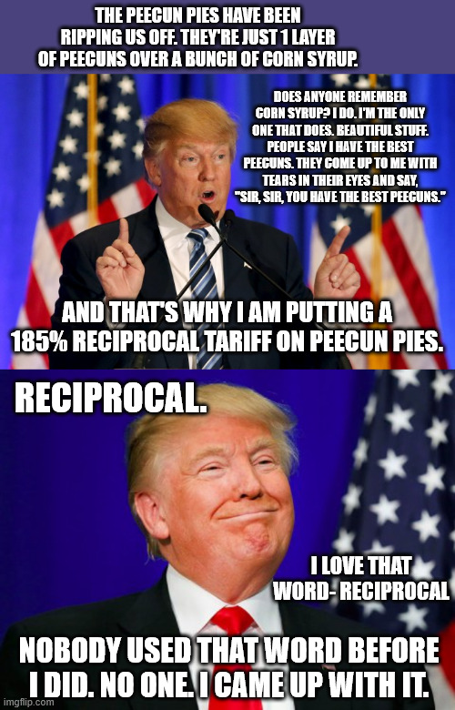 THE PEECUN PIES HAVE BEEN RIPPING US OFF. THEY'RE JUST 1 LAYER OF PEECUNS OVER A BUNCH OF CORN SYRUP. AND THAT'S WHY I AM PUTTING A 185% REC | image tagged in trump speech,trump smile | made w/ Imgflip meme maker